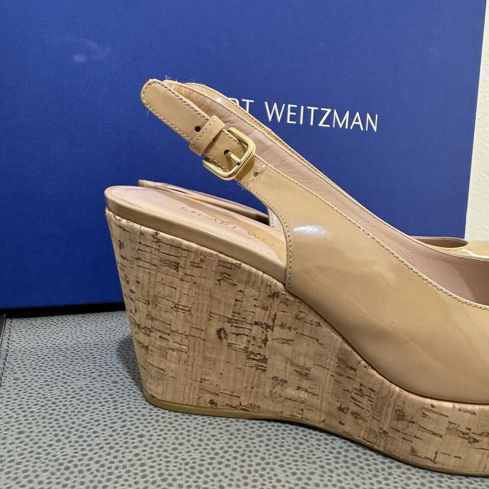 STUART WEITZMAN AUTH $399 Women Beige Patent Leather Jean Wedge Sandals Size 9 M - Picture 2 of 16